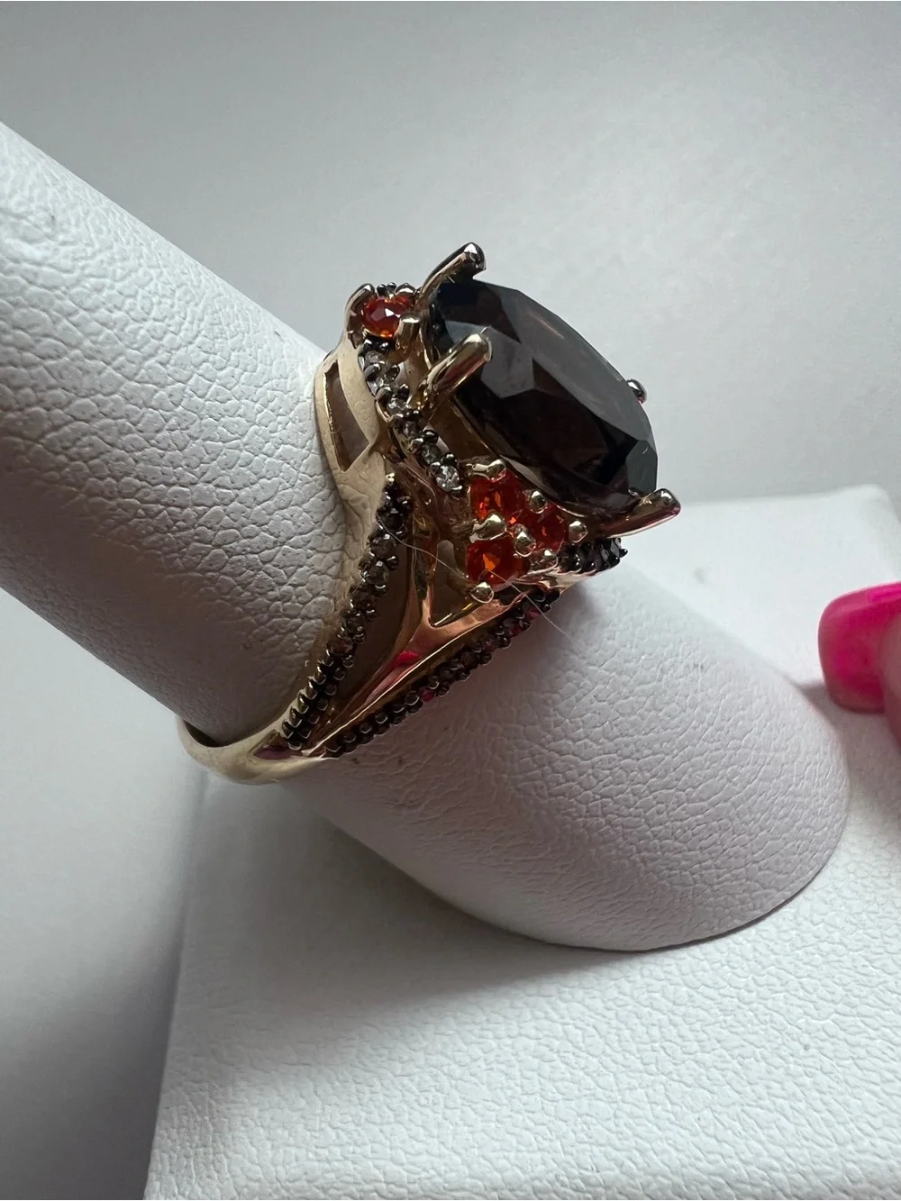 14K Yellow Gold Mexico Smoky Quartz Orange Gemstone Cocktail Ring Size 8